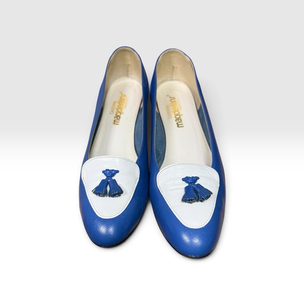Vintage 70s California Magdesians Blue White Leather Tassel Loafers 9.5N USA